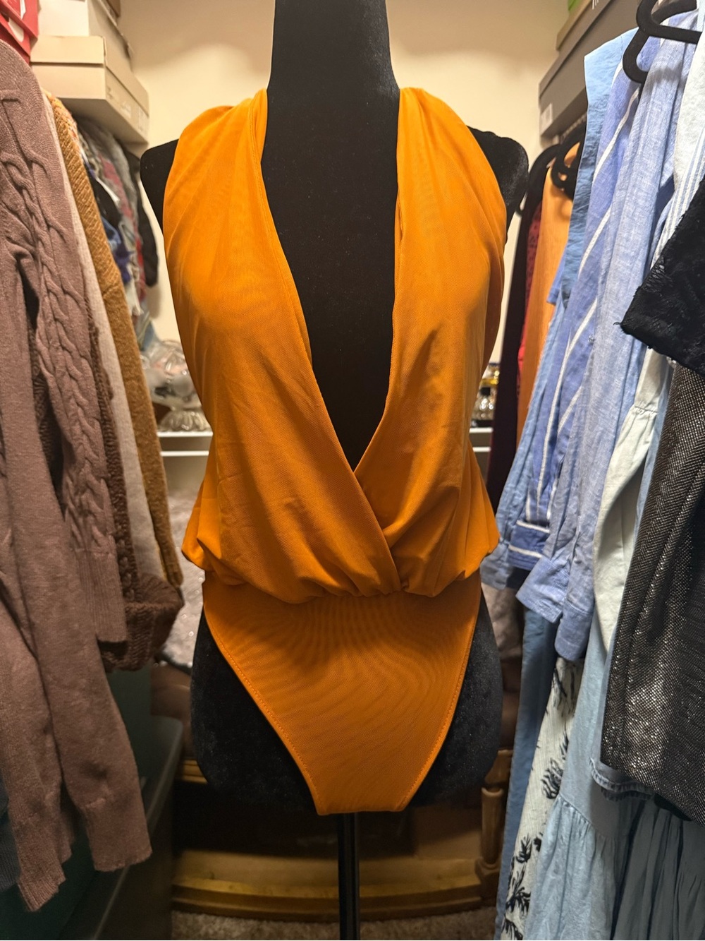 Zara Orange Deep V Halter Bodysuit